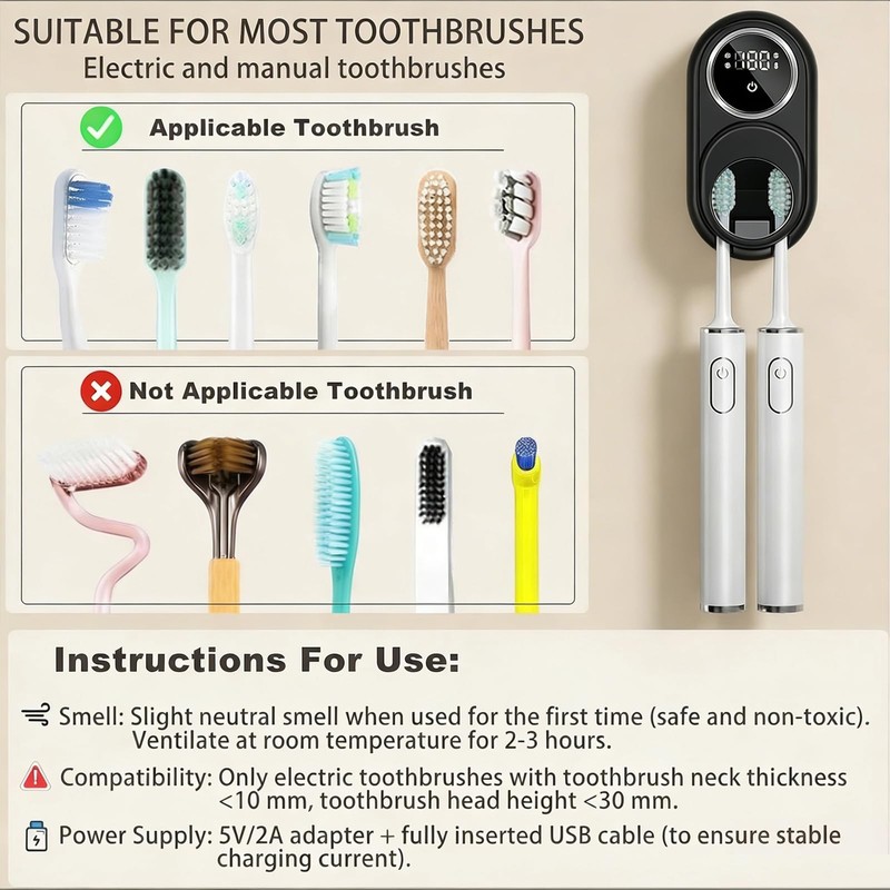 Wall-Mounted Toothbrush Holder with 2 Slots - No Drill Inductance