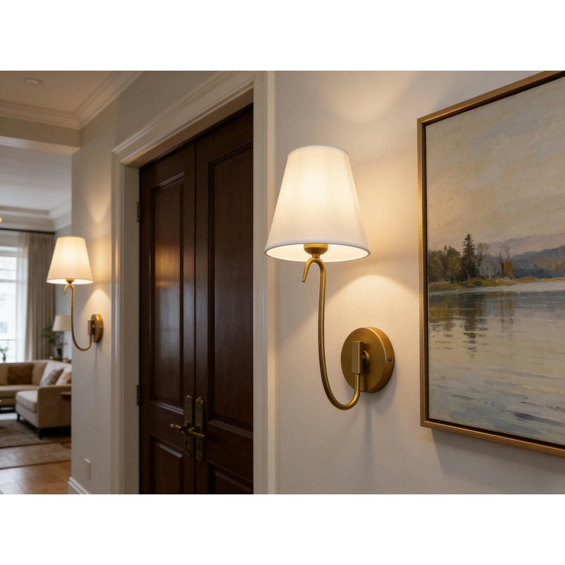 PERMO Antique Goose-Neck Wall Sconce with White Fabric Shade Hardwired
