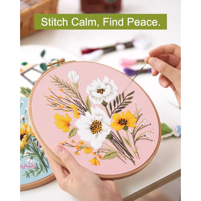 Santune 3 Pack Flower Embroidery Kit for Beginners Adults Cross