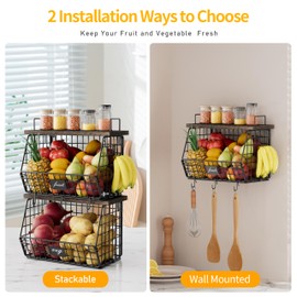 Segtenant 2 Pack Fruit Basket for Kitchen Counter, Hanging & Stackable Wire Baskets for Fruit, Vegetable, Potato and Onion Holder, Wall-Mounted Storage Bin with Wood Lid & Metal Handle, Rustic Brown