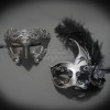 Couple's Masquerade Masks | Masquerade Masks Feather Roman Black/Silver