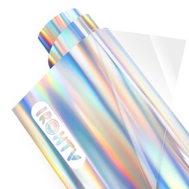 IROHTV Holographic Silver Iron on Vinyl HTV Vinyl Roll, 12" x 12ft Soft Metallic PU Stretchy Heat Transfer Vinyl Compatible with Cricut, Rainbow Silver Heat Press Vinyl for T Shirts