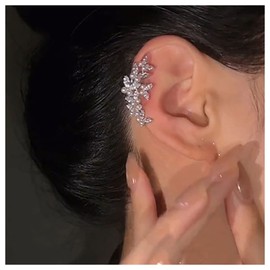 Inilbran Boho Rhinestone Pearl Ear Cuff Wrap Earring Silver Crystal Butterfly Cartilage Cuff Earrings Vintage Pearl Ear Cuff Climber Earrings Bling CZ Pearl Helix Earrings (Right)