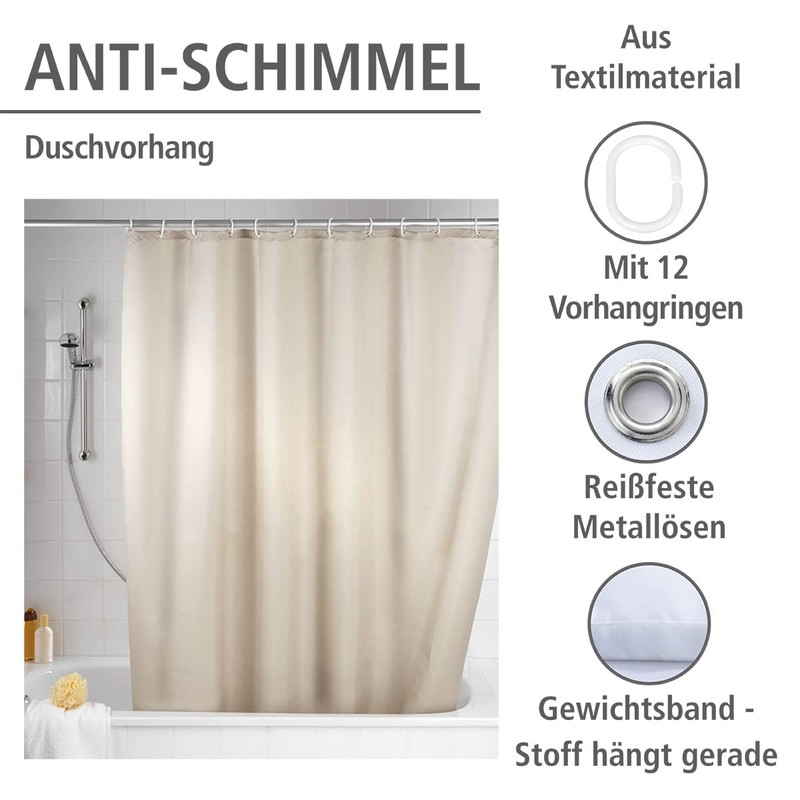 Wenko Anti Mould Shower Curtain - Plain, Antibacterial & Washable