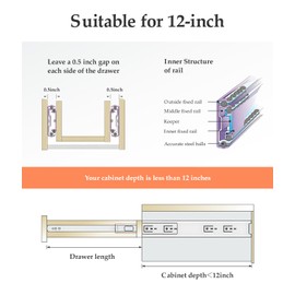 12 inch Drawer Slides Soft Close 10 Pair (20 Pcs), Full Extension Soft Close Drawer Slide 12 inch Heavy Duty 100 lbs for Kitchen Drawer Replacement，Side Mount Drawer Slide Ball bearin
