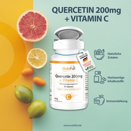 Quercetin 200mg + Vitamin C - with 495mg Vitamin C & 400mg Quercetin per Daily Dose - 90 Tablets - High Dose - 100% Vegan - German Production & Laboratory Test - NutriFair | Premium & Fair