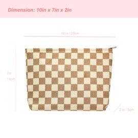 PAZIMIIK Makeup Bag Large Zipper Corduroy Make Up Pouch for Purse Travel Canvas Cosmetic Organizer for Women Brush Storage,Checkered Light Brown