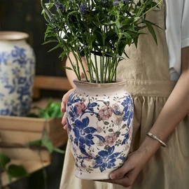 Retro Farmhouse Rustic Ceramic Vase, Ice Cracked Burnt Flower Pottery Vase，Suitable for Simulation Flower Vase Soft Decoration (Pink and Blue)