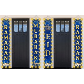 2 In 1 Ramadan Eid Mubarak Door Banner Decorations Ramadan Mubarak Front Door Porch Sign Eid Al Fitr Moon Hanging 2 In 1 Banner Decor for Home Indoor Outdoor Party Supplies（Blue）