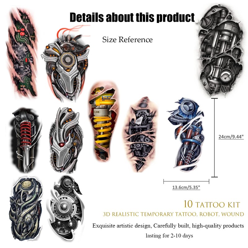 ROARHOWL Very Cool Machine 3D Realistic Fake Tattoos, Wound Robot