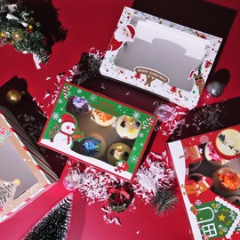 MAMUNU 12PCS Christmas Cookie Boxes with Clear Window Paper Xmas Gift Cupcake Treat Sweet Candy Boxes with Stickers and Paper Ropes for Christmas Party Supplies, 22.5 x 15.5 x 7CM