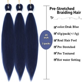 Dark Blue Braiding Hair Pre Stretched Box Braids 20 Inch Braiding hair Extensions Itch Free Hot Water Setting Blue Braiding Hair Easy Braid Yaki Texture Synthetic Braid Hair(20inch 3Packs)