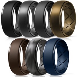 Egnaro Inner Arc Ergonomic Breathable Design, Silicone Rings Mens with Half Sizes, 7 Rings / 4 Rings / 1 Ring Rubber Wedding Bands, 10mm Wide-2.5mm Thick