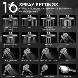 FEELSO 10" High Pressure Shower Head Combo with Handheld Spray, 16 Settings, 11" Adjustable Arm, ON/OFF Pause Switch (Chrome)