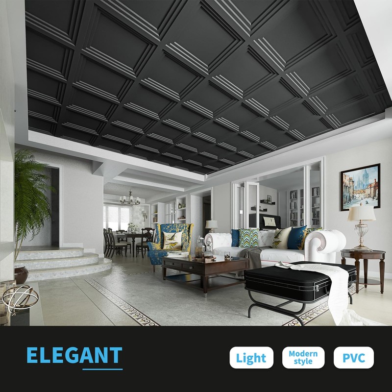 Art3d 12-Pack 24x24 Inch PVC Waterproof Drop Ceiling Tiles for