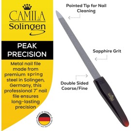 Camila Solingen CS18 Sapphire Metal Nail File for Natural Nails Fingernail and Toenail Care, 7" Double Sided Coarse and Fine for Manicure and Pedicure