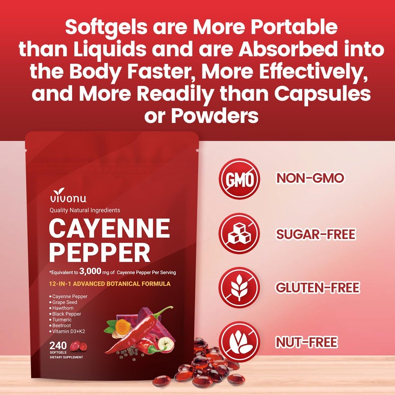 VivoNu Cayenne Pepper Softgels Supplement with Vitamin E D3+K2 and