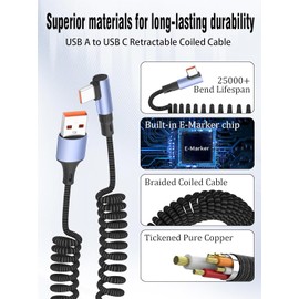 YACSEJAO 100W Coiled USB A to USB C Cable Right Angle,4.9FT Retractable 90 Degree USB Type C Fast Charging Cord, 6A Spiral Nylon Braided Reversible Plug for Phone/Laptop/Auto (Straight)
