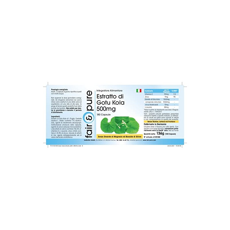 Gotu Kola Extract 500 mg - Vegan - 180 Capsules