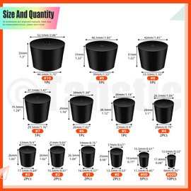 Tanstic 32pcs Solid Rubber Stoppers 13 Assorted Sizes 000#-10# Tapered Lab Seal Rubber Stoppers for Tank Bottle Flask Sealing (Black)