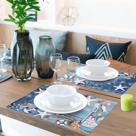 Blue Placemats Set of 8, Summer Nautical Theme Starfish Shell Fishnet Non Slip Heat Resistant Linen Fabric Cloth Place Mats, Washable Holiday Party Dining Table Mats for Coastal Home Kitchen Decor