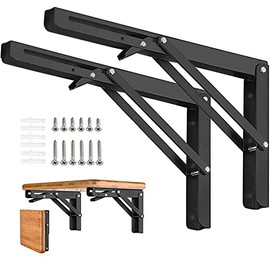 Folding Shelf Brackets 10 Inch - Heavy Duty Metal Collapsible Triangle Shelf Bracket, DIY Wall Mounted Folding Table Hinge, Space Saving for Bench Table (Black - 2PCS with Screws)