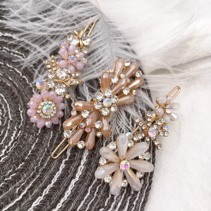 3PCS Rhinestone Bling Flower Small Mini Barrette Decorative Hair Clips