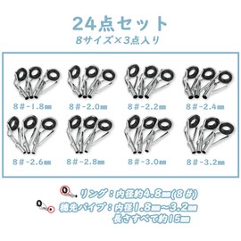 Top Guide, Rod Guide, 8#, Rod Side, 0.07 - 0.13 inches (1.8 - 3.2 mm), Stainless Steel, Fishing Rod Tip, 8 Sizes, 24 Piece Set