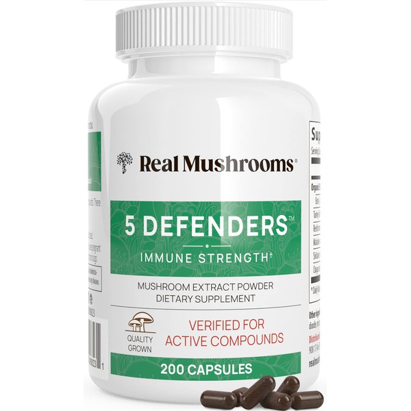 Real Mushrooms 5 Defenders Capsules - Organic Mushroom Extract w/ Chaga, Shiitake, Maitake, Turkey Tail, & Reishi - Mushroom Supplement for Brain, Focus, & Immune Support - Vegan, Non-GMO, 200 Caps