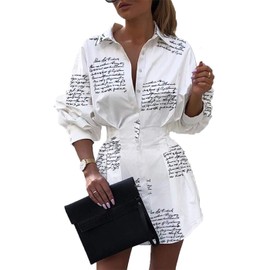 IyMoo Women's Cute Letter Print Belted Button up Collar Summer Short t Shirt Dress Blouse Tunic Tops Letter White S