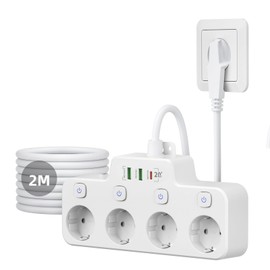Steckdosenleiste mit USB C 20W, Steckdosenleiste einzeln Schaltbar mit Flachstecker und 2M Kabel,4 Fach Mehrfachsteckdose mit Schalter, Mehrfachstecker Wandmontage für Küche Wohnzimmer, Weiß