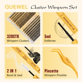 QUEWEL Eyelash Extensions Set, 320 Pieces, 30D + 40D, Lashes Clusters for Natural Look, DIY at Home, Lash Extension with Eyelash Glue, Permanent, Eyelash Tweezers and Eyelash Remover (30D + 40D Kit)