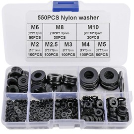 Toolly 550PCS Nylon Flat Washers for Screws Black Washers Round Assorted Washers Multiple Size Classification Kit Box M2 M2.5 M3 M4 M5 M6 M8 M10