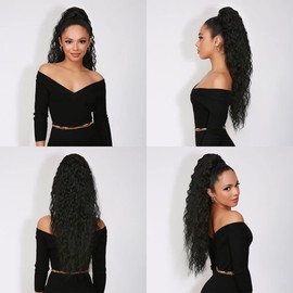 GLAM21USA 28 Inch Ponytail Extension Crimp wave Long Drawstring Ponytail for Black Women Loose Spiral Curl Hair Extensions Curly Hair Fake Ponytail Hair Piece (28 Inch (Pack of 1), 1B (Off Black))