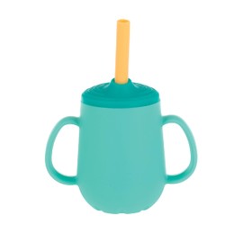 Nuby 3-Stage Training Cup Set - Silicone Tumbler with Spout and Straw Combo - 4 oz - 6+ Months - Aqua and Yellow