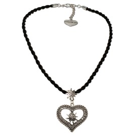 Alpenflüstern Bavarian drawstring cord necklace with rhinestone Edelweiss heart, Ladies costume jewelry, traditional german pendant necklace for Dirndl, Leather trouser, Oktoberfest (black)