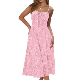 Caracilia Women Summer Floral Corset Midi Sundress Casual Spaghetti Strap Beach Vacation Wedding Guest Milkmaid Dress Pockets Pink Floral Medium