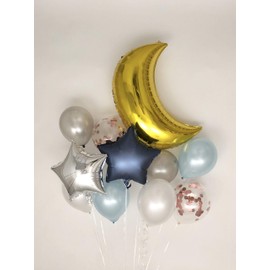 11 Piece Party Decoration Set - 36 inch Aluminum Foil Moon, 18 inch Aluminum Foil Stars and 12 inch Confetti and Latex Balloons (Blue)