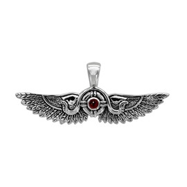 Moonlight Mysteries Egyptian Winged Sun Disk Pendant - Sterling Silver Isis Wings Jewelry Natural Garnet - 1 3/4 Inch Wide
