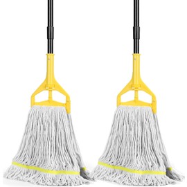 Beyoco Heavy Duty Commercial Mop Industrial Cotton Mop with Long Handle,Looped-End String Wet Mops for Home,Garage,Office, Workshop, Warehouse Floor Cleaning, 2 Pack,Yellow
