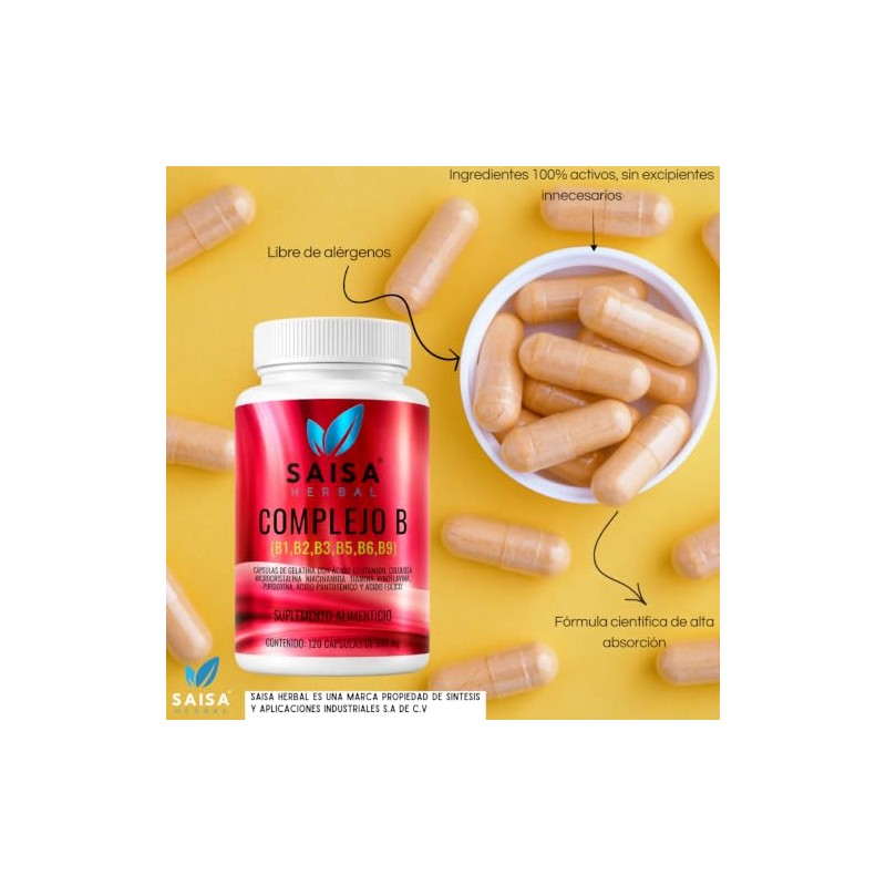 Complejo B 120 Cápsulas de 500 mg Vitaminas (B1+B2+B3+B5+B6+B9) SAISA
