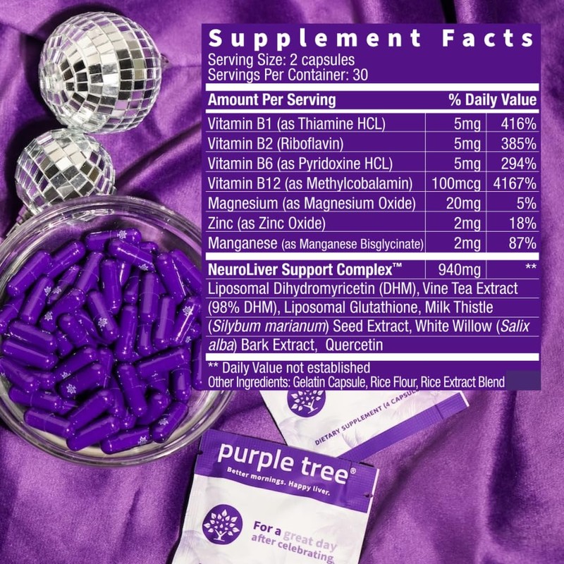purple tree Post-Celebration Wellness Supplement | Liposomal Dihydromyricetin (DHM), L-Glutathione,