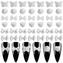 WOKOTO 120Pcs White Pearls Nail Charms for Acrylic Nails Butterfly Bows Hearts Shell Pearls Nail Art Charms Jewelrys Nail Pearls for Women Nail Art Accessory Pearls for Nails Designs 3D Charms