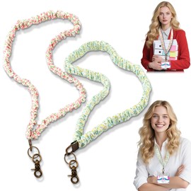 2 Pack Floral Print Scrunchie Lanyards for ID Badges and Keys - Cottagecore Style Pink and Green Retractable Keychain Necklace with Clip for Teachers, Nurses, School, Office Use, Stretchy Adjustable