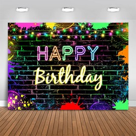 Mocsicka Glow Birthday Backdrop Neon Glow in The Dark Party Decoration Glow Crazy Rainbow Birthday Photo Backdround Photo Prop (Glow deign but Not Glow) (7x5ft (82x60 inch))