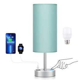 Teal Touch Bedside Lamps for Bedroom - Small Nightstand Lamp with USB-C and USB A Charging Ports, 3 Way Dimmable Control Table Lamp for Office, Dorm with Fabric Shade Silver Base