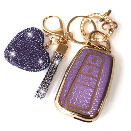 YIKECASE Key Fob Cover with Diamond Keychain Car Key Holder Case Compatible with Toyota 2018-2024 Highlander RAV4 Camry Avalon C-HR Corolla GT86 Smart Key Protector for Women, 3 Buttons (Purple-Heart)