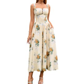 KUTUMAI Women Summer Lace Square Neck Midi Dress Corset Smocked Flowy A Line Beach Wedding Guest Dresses with Pockets YellowFlower M
