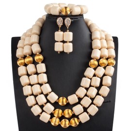 Africanbeads 3 Rows Gold Tone Coral Necklace Bracelet Earrings,Nigerian Wedding Coral Beads Jewelry Set, 3 Rows, man made coral, No Gemstone