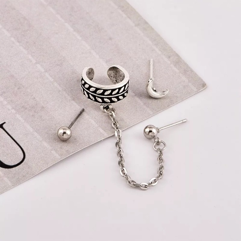 Patry Aretes Juego De 3 Piezas Luna Cadena Joyería Clip